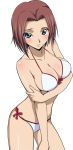  1girl bikini blue_eyes blush breasts code_geass kallen_stadtfeld large_breasts looking_at_viewer official_art redhead short_hair simple_background solo super_robot_wars swimsuit white_bikini 