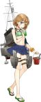 1girl anchor bandaid bandaid_on_face bare_shoulders bikini bikini_top blue_skirt breasts bucket crab drew_(drew213g) drinking_straw full_body goggles goggles_around_neck kantai_collection light_brown_hair looking_at_viewer machinery midriff navel oboro_(kantai_collection) official_art open_mouth pet pleated_skirt sandals scrunchie shirt_removed short_hair skirt smokestack soda solo swimsuit thigh_strap torpedo transparent_background wrist_scrunchie 