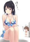  2girls bare_shoulders barefoot bikini black_hair blue_eyes breast_envy brown_eyes brown_hair collarbone deformed hand_holding hibike!_euphonium highres hiwatari_rin jitome kousaka_reina long_hair looking_at_breasts looking_away multiple_girls navel open_mouth oumae_kumiko polka_dot polka_dot_bikini ponytail shaded_face short_hair sitting sitting_on_stairs stairs swimsuit translated white_background 