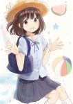  1girl bag ball bangs beachball blunt_bangs bottle brown_eyes brown_hair buttons hair_tie hands_up innertube invisible_chair looking_at_viewer nasuna open_mouth original pleated_skirt ribbon shirt short_sleeves shoulder_bag sitting skirt smile solo water white_legwear 