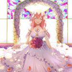  1girl absurdres baiya_hei bare_shoulders bouquet breasts bridal_veil bride cleavage closed_eyes dress flower gloves guilty_crown hair_ornament highres jewelry long_hair necklace open_mouth pink_hair rose smile solo strapless strapless_dress twintails veil wedding_dress white_dress white_rose yuzuriha_inori 