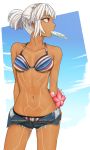  1girl arms_behind_head attila_(fate/grand_order) bikini breasts cleavage dark_skin denim denim_shorts fate/extella fate/extra fate/grand_order fate_(series) flower food full_body_tattoo i-pan navel ponytail popsicle red_eyes shorts solo swimsuit tattoo white_hair 