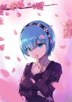  1girl :p blue_eyes blue_hair breast_hold breasts cherry_blossoms eyebrows eyebrows_visible_through_hair finger_licking finger_to_mouth hair_between_eyes hair_ornament hairband highres index_finger_raised licking long_sleeves looking_at_viewer medium_breasts motion_blur petals pink_flower re:zero_kara_hajimeru_isekai_seikatsu rem_(re:zero) short_hair sketch solo sweater tongue tongue_out upper_body wujia_xiaozi x_hair_ornament 
