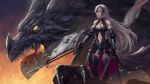  1girl arm_at_side armor armored_boots armored_dress bangs bare_shoulders black_gloves boots breasts chains dragon fate/grand_order fate_(series) faulds fire flag floating_hair full_body gloves glowing hair_between_eyes headpiece holding holding_sword holding_weapon jeanne_alter legs_apart light_smile long_hair medium_breasts navel navel_cutout parted_lips ruler_(fate/apocrypha) scabbard sheath shengxie side_cutout silver_hair standing stomach sword unsheathed vambraces very_long_hair waist_cape weapon yellow_eyes 