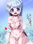  1girl :d bikini blue_eyes blue_hair blush breasts cleavage directional_arrow erect_nipples kantai_collection large_breasts leaning_forward long_hair looking_at_viewer miuku_(marine_sapphire) navel open_mouth pink_bikini samidare_(kantai_collection) side-tie_bikini smile solo standing swimsuit 