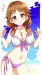  &gt;:3 1girl :3 bare_arms bare_shoulders beach bikini blue_sky blush breasts brown_hair cleavage clenched_hands closed_mouth clouds collarbone eyebrows eyebrows_visible_through_hair front-tie_top hands_up highres idolmaster idolmaster_cinderella_girls katagiri_sanae large_breasts leaning_to_the_side long_hair looking_at_viewer low_twintails natsu_(anta_tte_hitoha) navel ocean outdoors sand side-tie_bikini sky smile solo standing stomach swimsuit twintails violet_eyes water 