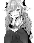  1boy :d blush bow braid casual commentary_request fang fate/apocrypha fate_(series) greyscale hair_between_eyes hair_bow half-closed_eyes hand_on_own_cheek highres hood hoodie inari_(kimitama0902yahoocojp) male_focus monochrome open_mouth pantyhose protected_link rider_of_black shirt simple_background smile solo squatting striped striped_shirt trap white_background 