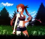  10s 1girl belt brown_hair cellphone clouds compass crop_top denim denim_shorts grass highres holding long_hair midriff nature navel outdoors peco_poco_peco phone poke_ball pokemon pokemon_go ribbon short_shorts shorts sky smartphone solo tank_top tree twintails violet_eyes 