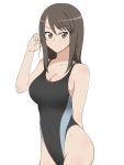  1girl bare_shoulders black_hair breasts brown_eyes cleavage competition_swimsuit covered_navel girls_und_panzer highleg highleg_swimsuit highres kagemusha large_breasts long_hair looking_at_viewer mika_(girls_und_panzer) one-piece_swimsuit smile solo standing swimsuit 