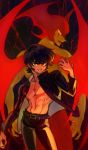  2boys abs back-to-back black_eyes black_hair demon devilman dual_persona eyebrows fangs fudou_akira gakuran head_wings male_focus multiple_boys school_uniform short_hair smile 