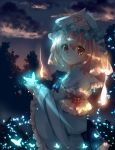  1girl blue_dress blurry butterfly depth_of_field dress evening forest from_side hat hitodama japanese_clothes long_sleeves looking_at_viewer mob_cap nagare nature night night_sky obi open_mouth pink_eyes pink_hair puffy_long_sleeves puffy_sleeves saigyouji_yuyuko sash short_hair sky solo touhou tree triangular_headpiece veil wide_sleeves 