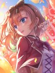  1girl balloon blue_eyes character_name confetti copyright_name earrings hair_ribbon jewelry kousaka_honoka love_live! love_live!_school_idol_project miazi orange_hair ribbon short_hair side_ponytail sunny_day_song tears 