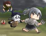  5girls brown_eyes commentary dated destroyer_hime dudou fleeing gloves hachimaki hair_between_eyes hamu_koutarou hat headband kagerou_(kantai_collection) kantai_collection kasumi_(kantai_collection) kitakami_(kantai_collection) long_hair multiple_girls ooi_(kantai_collection) open_mouth photo_(object) pleated_skirt shinkaisei-kan side_ponytail silver_hair skirt sweat turtle_shell white_hair white_skin 