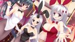  3girls animal_ears bat_wings black_hair blush bow bowtie breasts bunny_tail bunnysuit cleavage demon_girl detached_collar dutch_angle green_eyes grey_eyes highres horn kerberos_blade large_breasts leaning_forward long_hair looking_at_viewer medium_breasts multiple_girls open_mouth pantyhose ponytail rabbit_ears red_eyes silver_hair small_breasts sparkle tail wings wrist_cuffs yuyumatsu 
