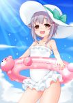  1girl :3 bear blush_stickers brown_eyes casual_one-piece_swimsuit frilled_swimsuit frills hair_ornament hairclip hat hat_ribbon highres idolmaster idolmaster_cinderella_girls innertube koshimizu_sachiko lavender_hair lens_flare looking_at_viewer one-piece_swimsuit open_mouth ribbon short_hair solo sun_hat swimsuit yoiyami_mutsuki 