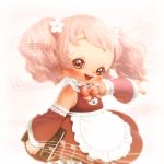  1girl :d apron bare_shoulders bars_(music) book bow detached_sleeves dress flower frilled_dress frills gradient gradient_background hair_flower hair_ornament holding koharu-on_ami lace looking_at_viewer musical_note open_mouth outstretched_arm pink_background pink_hair red_eyes smile solo souri staff_(music) treble_clef twintails utau 