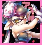  +_+ 1girl aori_(splatoon) bare_shoulders black_background black_dress black_hair blush bow breasts character_name cleavage close-up domino_mask dress earrings enshima_akira eyebrows food food_on_head gloves hair_bow hat jewelry long_hair looking_at_viewer mask mole mole_under_eye object_on_head pointy_ears smile solo splatoon strapless symbol-shaped_pupils tentacle tentacle_hair thick_eyebrows upper_body white_gloves yellow_eyes 