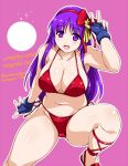  1girl asamiya_athena bikini blush breasts cleavage fingerless_gloves gloves hairband king_of_fighters large_breasts long_hair looking_at_viewer navel open_mouth plump purple_hair smile solo swimsuit the_king_of_fighters violet_eyes yukitaka 