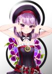  1girl armpits bare_shoulders belt blush commentary_request detached_collar fate/grand_order fate_(series) flat_chest gesture_request helena_blavatsky_(fate/grand_order) highres hilo_(joy_hero) looking_at_viewer purple_hair short_hair solo strapless violet_eyes wavy_mouth 