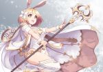  1girl animal_ears blonde_hair boots breasts brown_eyes cape djeeta_(granblue_fantasy) flower granblue_fantasy hair_flower hair_ornament high_heels highres holding holding_staff leotard medium_breasts mku open_mouth outstretched_arms rabbit_ears sage_(granblue_fantasy) short_hair short_sleeves smile solo staff white_boots white_legwear wrist_cuffs 