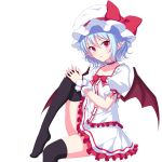  1girl bat_wings black_legwear blue_hair blush bow frills hat junior27016 looking_at_viewer mob_cap pointy_ears puffy_sleeves red_eyes remilia_scarlet ribbon short_hair short_sleeves simple_background skirt skirt_set solo thigh-highs touhou white_background wings wrist_cuffs zettai_ryouiki 