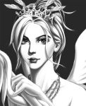  2girls bare_shoulders closed_mouth crown eyelashes eyeliner eyeshadow face fingernails greyscale highres holding holding_staff jewelry lips looking_at_viewer makeup mascara mercy_(overwatch) monochrome multiple_girls necklace nose overwatch ponytail portrait short_hair solo spread_wings staff wings 