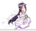  1girl collarbone dress flower gloves head_wreath holding holding_flower kneeling long_hair pointy_ears purple_hair red_eyes see-through simple_background smile solo sword_art_online sword_art_online:_code_register watermark white_background white_gloves yuuki_(sao) 