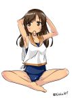  1girl adjusting_hair alternate_hairstyle armpits arms_up bangs bare_legs barefoot blush breasts brown_eyes brown_hair collarbone dark_skin ebifurya eyebrows eyebrows_visible_through_hair feet_together full_body groin hair_down highres i-401_(kantai_collection) kantai_collection long_hair mouth_hold one-piece_swimsuit sailor_collar school_swimsuit simple_background sitting sleeveless small_breasts solo swimsuit twitter_username white_background 