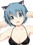  1girl animal_ears bikini_top blue_eyes blue_hair blush breasts cat_ears cleavage collarbone erect_nipples fang front-tie_top inou_eita kemonomimi_mode looking_at_viewer mahou_shoujo_madoka_magica miki_sayaka open_mouth paw_pose short_hair simple_background solo upper_body white_background 