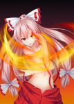  1girl bow fire fujiwara_no_mokou hair_bow long_hair merukiarisu navel ponytail pose red_eyes solo suspenders topless touhou white_hair 