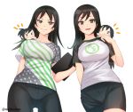  2girls arm_behind_back black_hair breasts brown_eyes character_doll eyebrows eyebrows_visible_through_hair idolmaster idolmaster_cinderella_girls long_hair looking_at_viewer looking_down medium_breasts multiple_girls parted_lips rookie_trainer shirt short_sleeves sidelocks simple_background smile striped striped_shirt susu_(susuhako) trainer_(idolmaster) twitter_username veteran_trainer white_background 