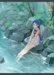  1girl bangs bare_arms blue_eyes blue_hair blush commentary_request eyebrows forest full_body hands_on_legs jewelry kantai_collection letterboxed long_hair looking_at_viewer nature neckerchief no_gloves oge_(ogeogeoge) outdoors partially_submerged ring river rock samidare_(kantai_collection) school_uniform serafuku sitting skirt sleeveless smile soaking_feet solo tree very_long_hair wedding_band white_skirt 