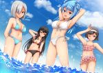  4girls alphe arm_behind_head arm_up armpits black_hair blue_eyes blue_hair breasts brown_eyes cleavage clouds cloudy_sky commentary_request double_bun hair_between_eyes hair_over_one_eye hairband hamakaze_(kantai_collection) isokaze_(kantai_collection) kantai_collection looking_at_viewer medium_breasts multiple_girls navel one_eye_closed open_mouth partially_submerged red_eyes short_hair silver_hair sky small_breasts smile tanikaze_(kantai_collection) urakaze_(kantai_collection) 