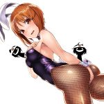  animal_ears armpits ass bare_shoulders blush breasts brown_eyes bunny_girl bunny_tail bunnysuit cuffs fishnets girls_und_panzer hand_on_hip hand_on_own_chest kyon_(fuuran) looking_at_viewer looking_down nishizumi_miho open_mouth pantyhose rabbit_ears short_hair simple_background tail thighs white_background 