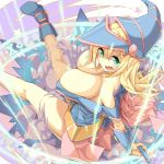  1girl bare_legs bare_shoulders blonde_hair boots breasts cleavage dark_magician_girl female hat huge_breasts large_breasts long_hair looking_at_viewer looking_back magical_girl open_mouth sitting skirt smile solo 