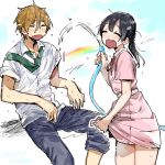  1boy 1girl black_hair brown_hair closed_eyes hose kitashirakawa_tamako long_hair momose_(oqo) necktie ooji_mochizou open_mouth rainbow school_uniform short_hair tamako_market water wet wet_clothes 