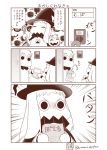  (o)_(o) 2girls 2koma bag cape closed_eyes collar comic commentary_request door doorbell eating female food food_on_face halloween hat highres holding holding_food horns jack-o&#039;-lantern kantai_collection mittens monochrome multiple_girls muppo northern_ocean_hime sazanami_konami sidelocks staff translation_request twitter_username witch witch_hat 
