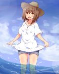  1girl alternate_costume anchor brown_eyes brown_hair denim denim_shorts hakuhou_(ende_der_welt) hat highres in_water jewelry kantai_collection necklace open_mouth partially_submerged shirt short_hair shorts standing sun_hat t-shirt teeth water white_shirt yukikaze_(kantai_collection) 