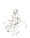  1girl albino artist_name b.c.n.y. barefoot cleavage_cutout feet female full_body kumo-chan kumo_desu_ga_nani_ka? long_hair one_eye_closed pale_color pale_skin reclining red_eyes simple_background solo spoilers white_background white_hair 