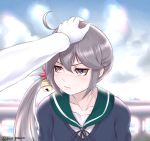  1girl admiral_(kantai_collection) ahoge akebono_(kantai_collection) artist_name bell blush cardigan clouds cloudy_sky collarbone commentary_request disco_brando flower gloves hair_bell hair_flower hair_ornament hand_on_another&#039;s_head highres kantai_collection long_hair looking_away outdoors pov pov_hands purple_hair school_uniform serafuku side_ponytail sky solo_focus violet_eyes wavy_mouth white_gloves 