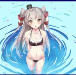  1girl adapted_costume amatsukaze_(kantai_collection) arms_behind_back bare_shoulders bikini black_bikini blush brown_eyes chestnut_mouth collarbone commentary_request from_above hair_tubes heavens_thunder_(byakuya-part2) kantai_collection long_hair looking_at_viewer looking_up navel partially_submerged revision silver_hair solo standing swimsuit two_side_up wading water 