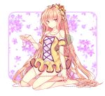  1girl barefoot beads crown dress flower frilled_dress frills hair_ornament half-closed_eyes kneeling long_hair looking_to_the_side original pink_hair redherb solo star star_hair_ornament strapless strapless_dress very_long_hair violet_eyes 