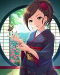  1girl alternate_costume artist_request braid brown_eyes brown_hair butterfly butterfly_on_hand earrings flower hair_flower hair_ornament hyoudou_rena idolmaster idolmaster_cinderella_girls japanese_clothes jewelry kimono nail_polish official_art petals ponytail short_hair smile solo tree 