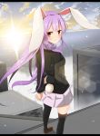  1girl animal_ears arms_behind_back bangs black_legwear blazer blush breath brown_shoes building bunny_tail clouds jacket lavender_hair long_hair long_sleeves looking_at_viewer open_mouth outdoors pleated_skirt purple_hair rabbit_ears red_eyes reisen_udongein_inaba shoes skirt sky snowing solo standing sunrise tail thigh-highs touhou xialuluo_(sharuro) 