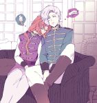  1boy 1girl angelo_sauper boots breasts closed_eyes collared_shirt couch eyelashes gundam gundam_unicorn ice_cream indoors large_breasts long_hair marida_cruz mask open_mouth orange_hair ponytail silver_hair sitting sleeping snj uniform wavy_hair 