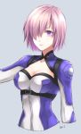  1girl alternate_costume bangs bodysuit breasts cleavage cleavage_cutout fate/grand_order fate_(series) grey_background hair_over_one_eye leo-time orii_(orii_i) purple_hair shielder_(fate/grand_order) short_hair solo upper_body violet_eyes 