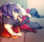  1boy closed_eyes dutch_angle ensemble_stars! from_above japanese_clothes kanzaki_souma long_hair male_focus ponytail purple_hair solo tubuan_oisii 