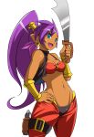  1girl absurdres bandanna bandeau blue_eyes bracer breasts cleavage cowboy_shot cutlass_(sword) dark_skin earrings gun hand_on_hip handgun harem_outfit harem_pants highres holster jewelry long_hair navel open_mouth pants pistol pointy_ears ponytail purple_hair rikigan shantae shantae_(character) shantae_(series) shantae_and_the_pirate&#039;s_curse smile solo sword thigh_strap vest weapon 