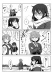  ! 2girls blazer blush clenched_hands closed_eyes comic crossed_arms greyscale hands_on_another&#039;s_shoulders hatsushimo_(kantai_collection) jacket kantai_collection long_hair long_sleeves looking_to_the_side low-tied_long_hair monochrome multiple_girls necktie open_mouth parted_lips pleated_skirt scarf school_uniform short_hair skirt speech_bubble spoken_exclamation_mark text tied_hair translation_request wakaba_(kantai_collection) yaneuraheya_zaijuu yaneuraheya_zaijū 