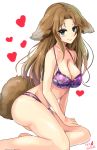  1girl animal_ears aqua_eyes arm_support bare_arms bare_legs bare_shoulders bikini breasts brown_hair character_request cleavage closed_mouth collarbone dated dog_ears dog_tail eyebrows eyebrows_visible_through_hair floral_print heart highres idolmaster idolmaster_cinderella_girls kemonomimi_mode large_breasts long_hair looking_at_viewer natsu_(anta_tte_hitoha) out_of_frame purple_bikini signature simple_background sitting smile solo swimsuit tail white_background 